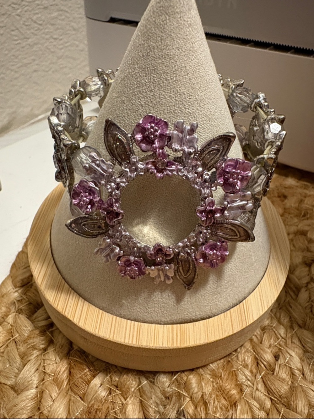 Floral Beaded Purple and Silver Statement Cuff Bracelet